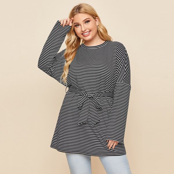 

Plus Striped Belted Drop Shoulder Tee, Black and white