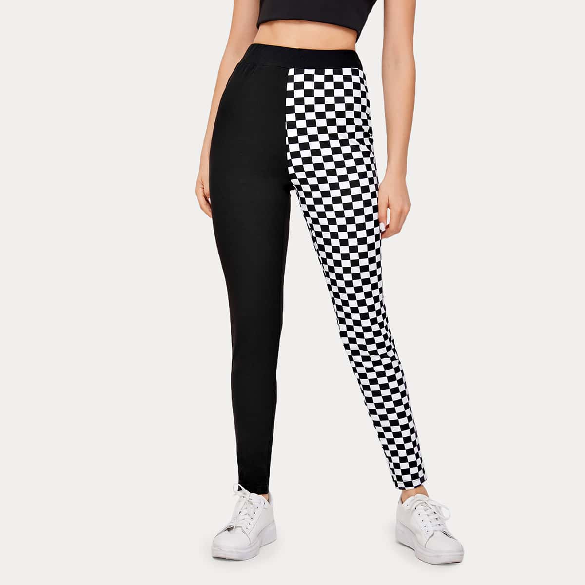 

Contrast Plaid Leggings, Black and white