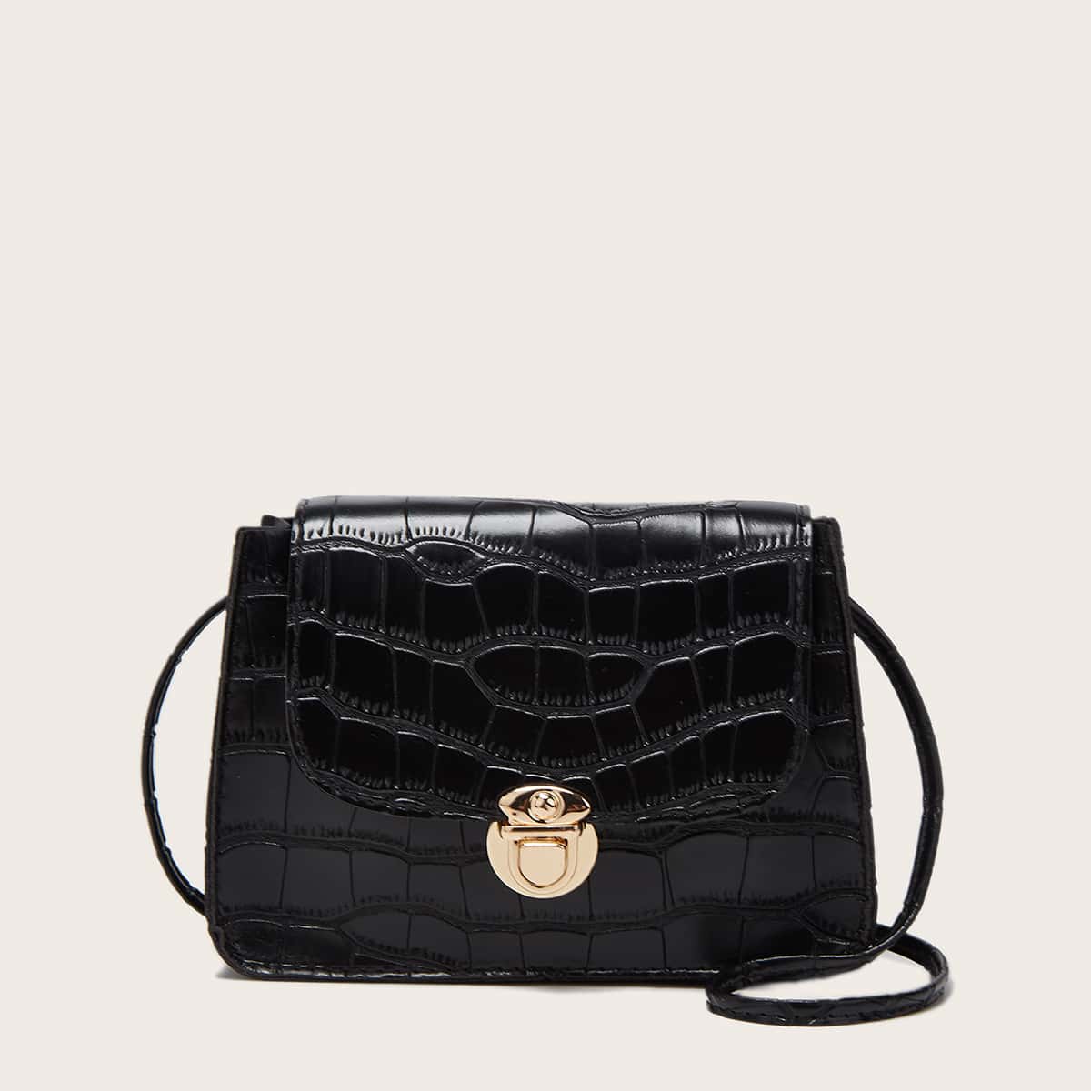 

Faux Croc Leather Push-Lock Crossbody Bag, Black