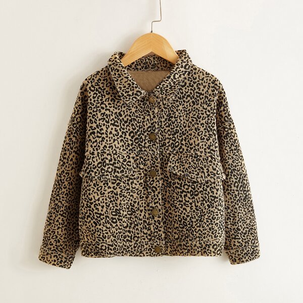 

Girls Leopard Print Double Pocket Denim Jacket, Multicolor