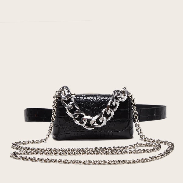 

Chain Decor Croc Embossed Belt Bag, Black