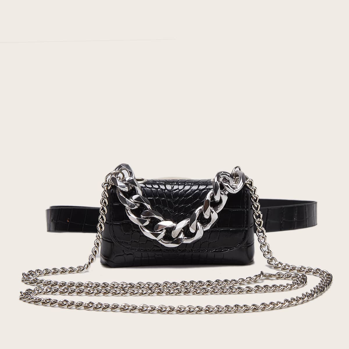 

Chain Decor Croc Embossed Belt Bag, Black
