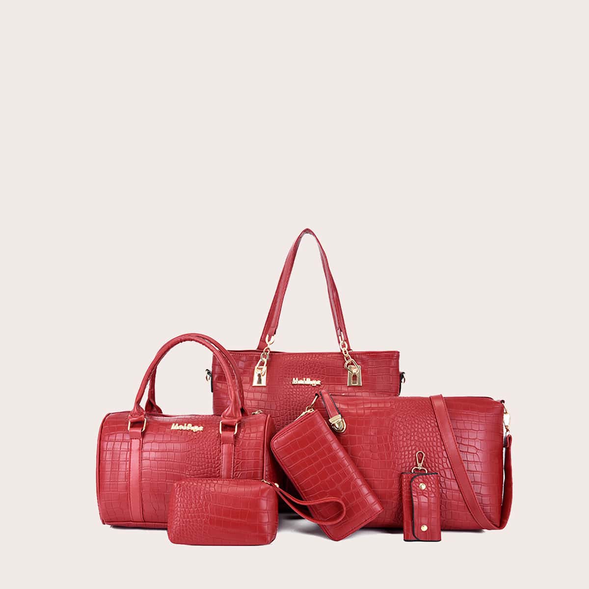 

6pcs Croc Embossed Tote Bag Set, Red