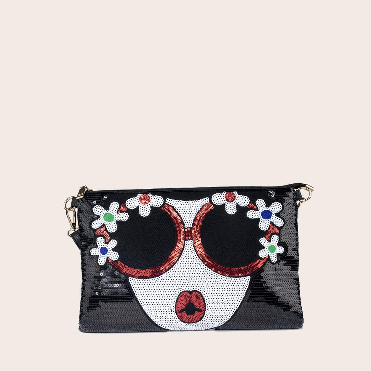 Figure Graphic Sequin Clutch Bag, Black