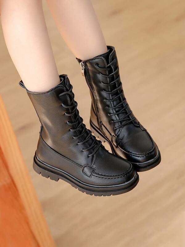 1pair Girls' Minimalist Style Front Strap Boots, Black