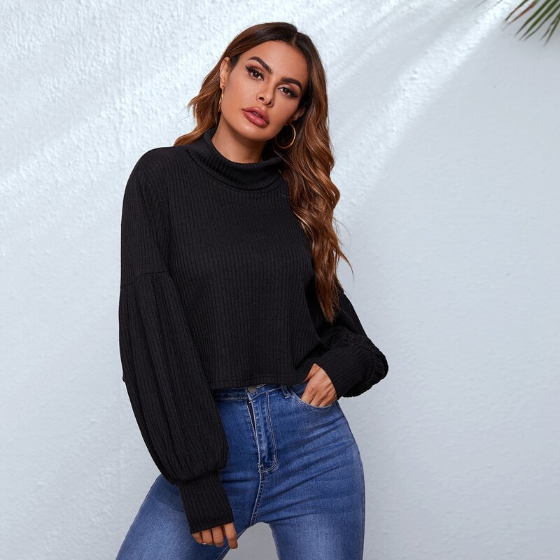

Funnel Neck Lantern Sleeve Rib-knit Top, Black