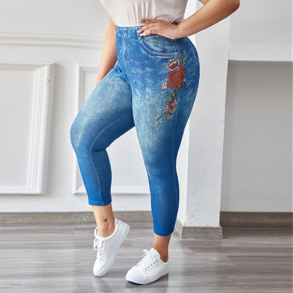 

Plus Floral Print Imitation Denim Cropped Leggings, Blue