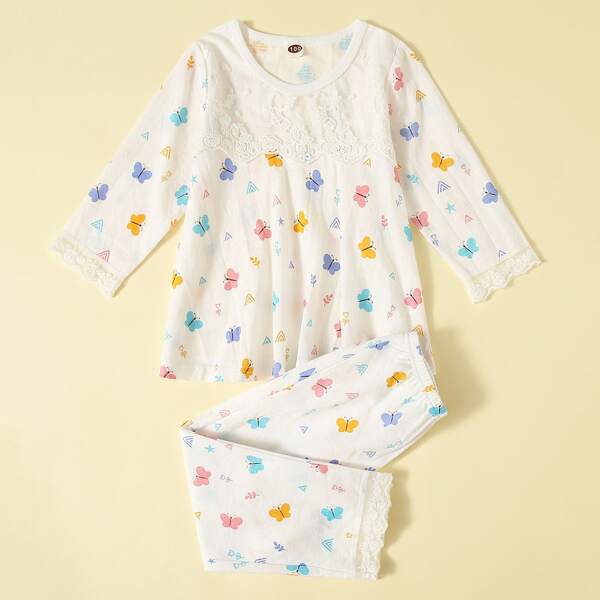 

Toddler Girls Butterfly Print Contrast Lace Tee & Pants PJ Set, White