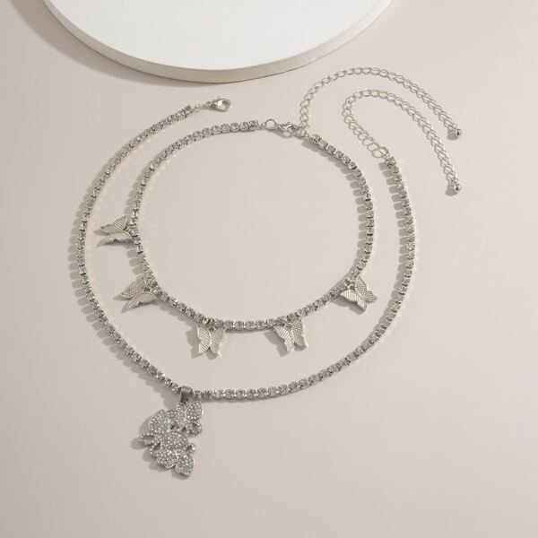 

2pcs Rhinestone Butterfly Charm Necklace, Silver