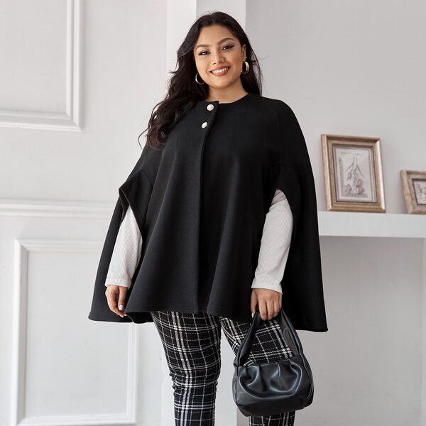 

Plus Popper Button Front Round Neck Cape Coat, Black