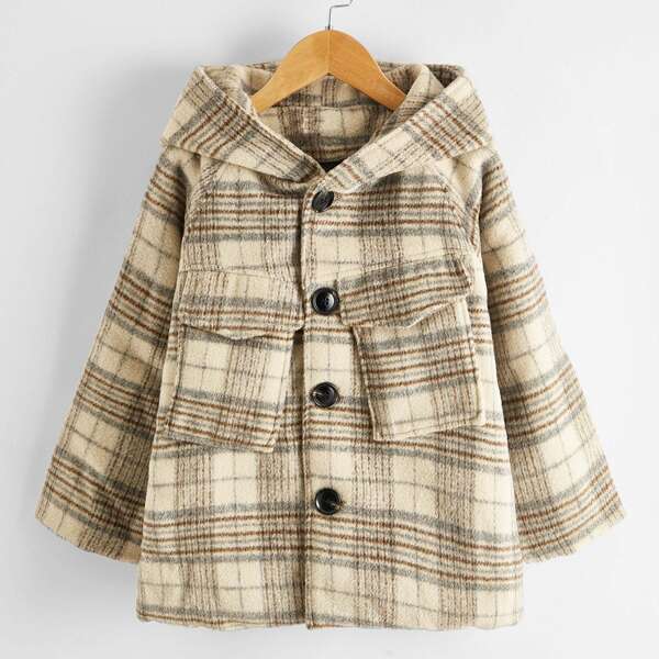 

Boys Plaid Button Pocket Hooded Overcoat, Multicolor