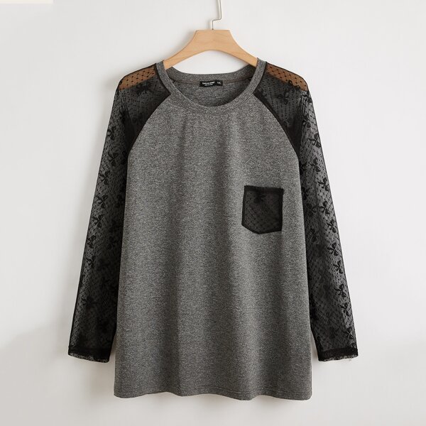 

Plus Contrast Lace Raglan Sleeve Tee, Dark grey