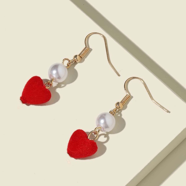 

Faux Pearl Decor Heart Drop Earrings, Red