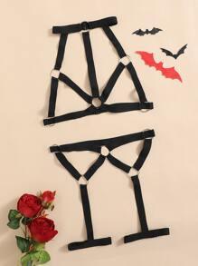 Strappy Cupless Harness Lingerie Set - Black - View 1