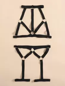 Strappy Cupless Harness Lingerie Set - Black - View 4