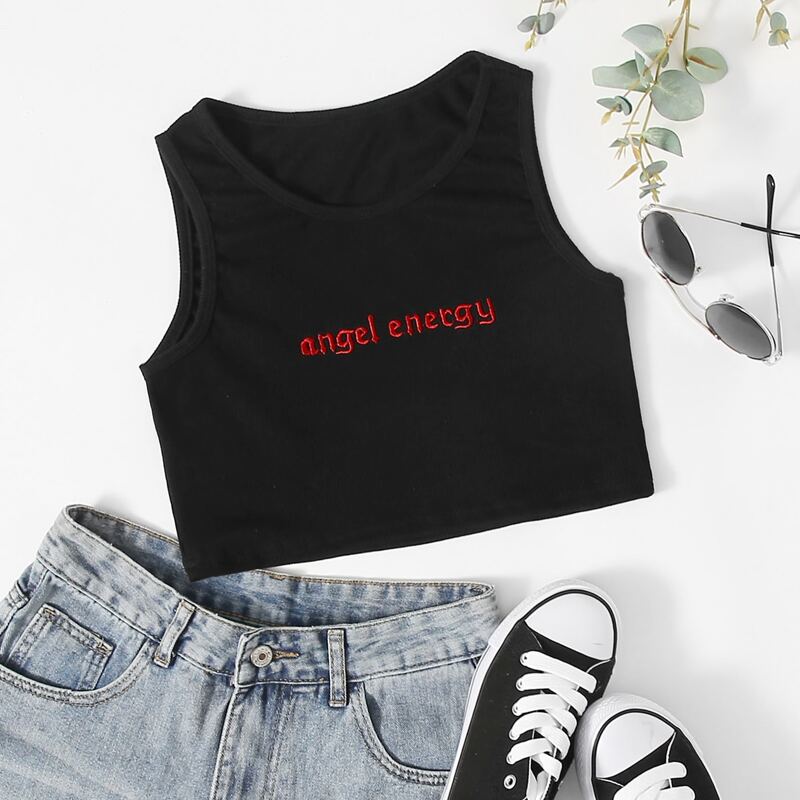 

Letter Embroidery Crop Tank, Black