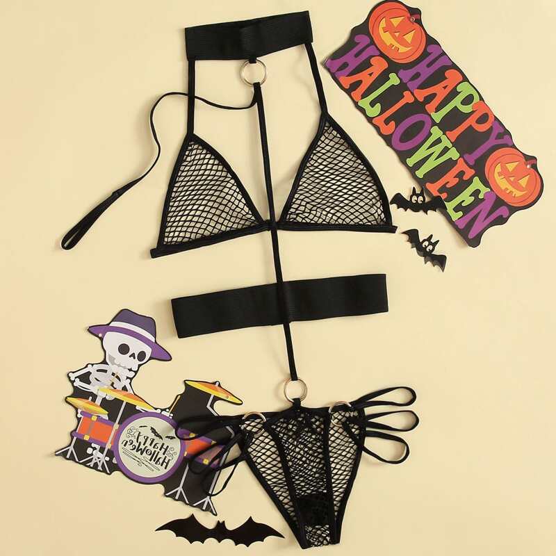 

Fishnet Ring Linked Choker Teddy Bodysuit, Black