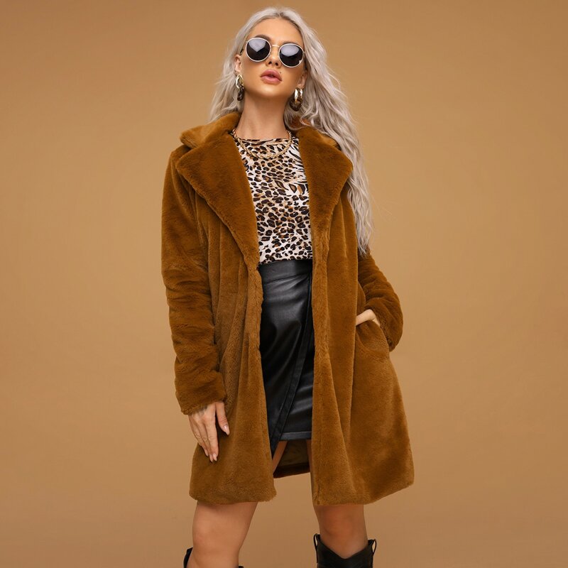 

Solid Open Front Lapel Collar Teddy Coat, Brown