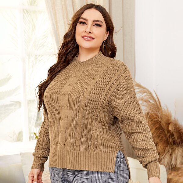 

Plus Cable Knit Split Hem Sweater, Khaki