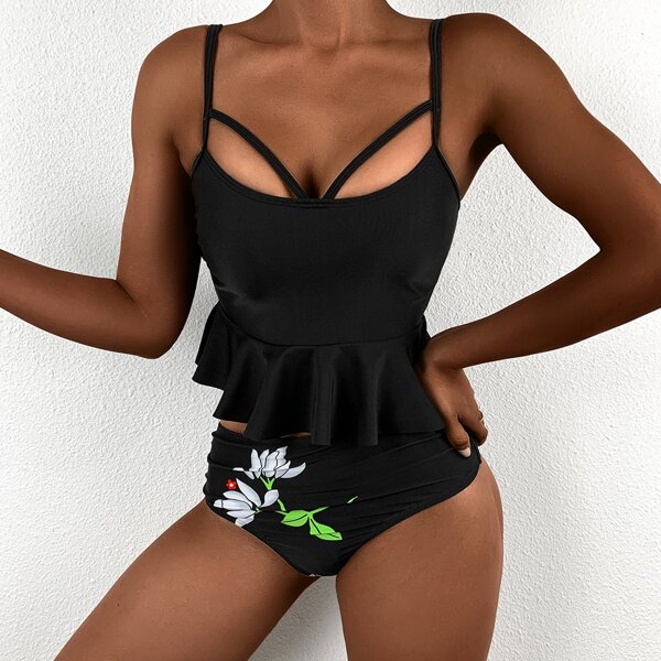 

Floral Harness Ruffle Hem Ruched Bikini Swimsuit, Black