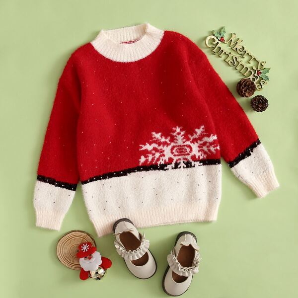 

Girls Spliced Snowflake Pattern Fluffy Knit Sweater, Multicolor