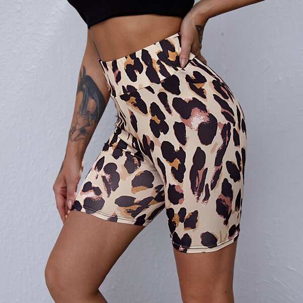 

Leopard Print Wide Band Waist Biker Shorts, Multicolor