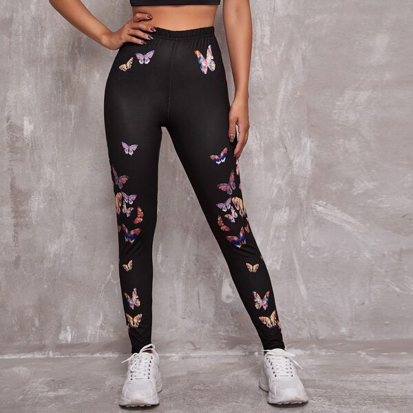 

Butterfly Print Elastic Waist Leggings, Black