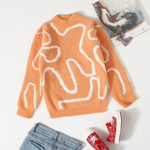 

Girls Graphic Rib & Fluffy Knit Mock Neck Sweater, Orange