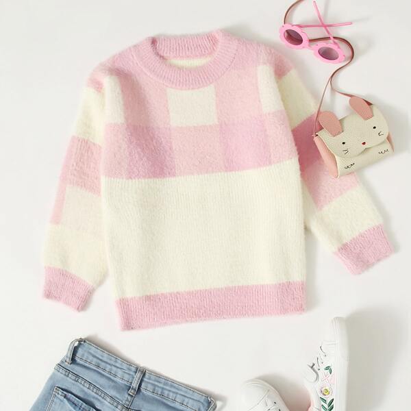 

Girls Buffalo Plaid Colorblock Sweater, Multicolor