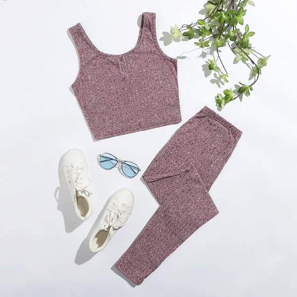 

Ribbed Button Detail Tank Top & Leggings, Maroon