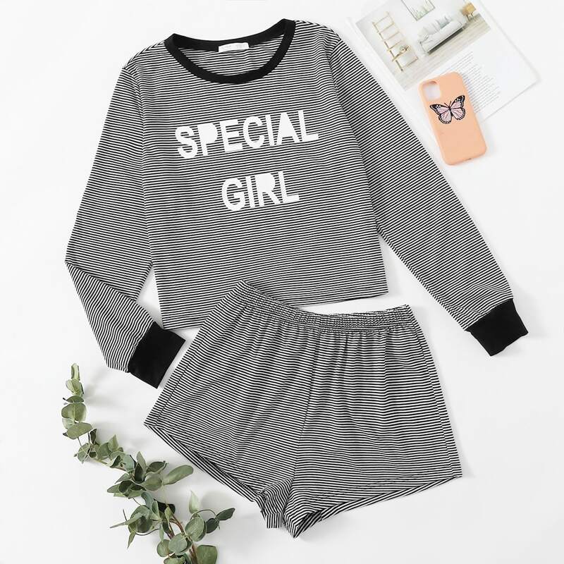 

Stripe & Letter Graphic PJ Set, Black and white