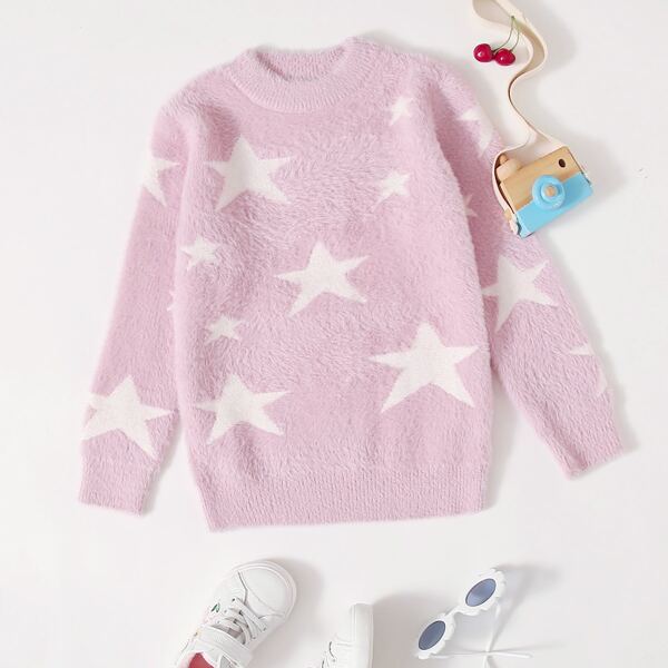 

Girls Star Pattern Rib & Fluffy Knit Sweater, Baby pink