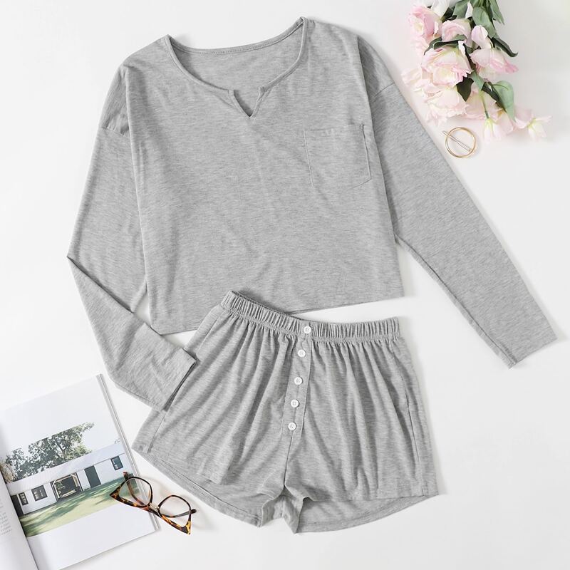 

Pocket Front Tee & Shorts PJ Set, Grey