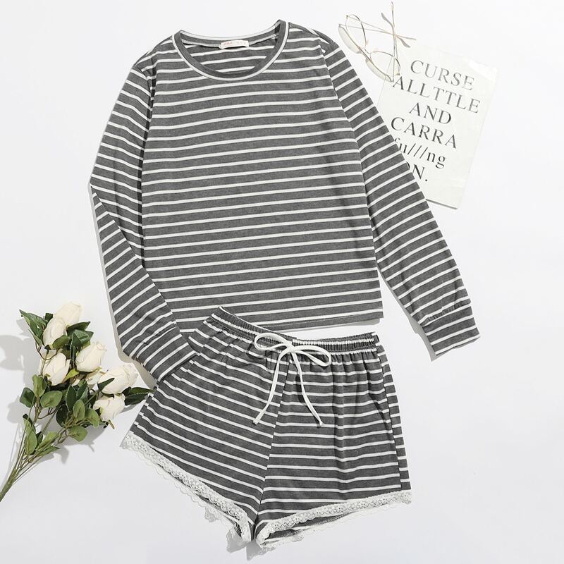 

Stripe Lace Trim Shorts PJ Set, Grey