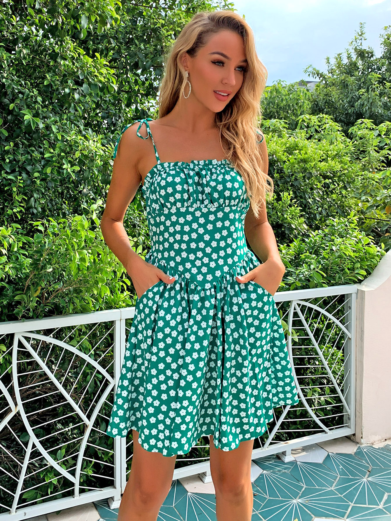 Knot Shoulder Ruched Bust Ditsy Floral Print Dress thumbnail