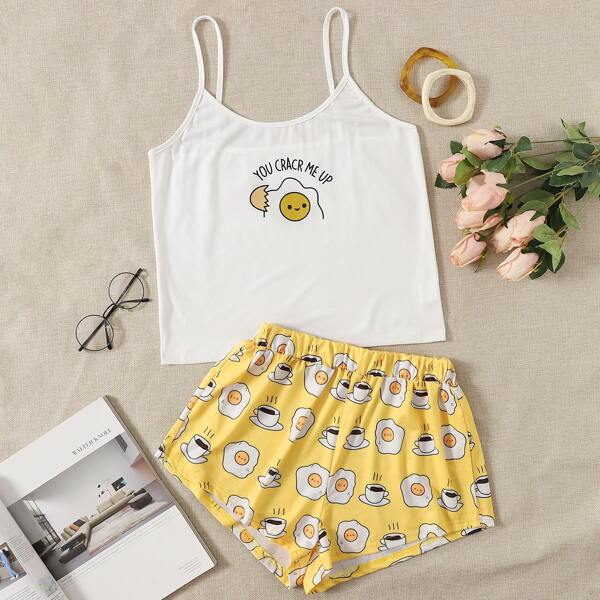 

Letter & Fried Egg Coffee Print Cami Top With Shorts PJ Set, Multicolor