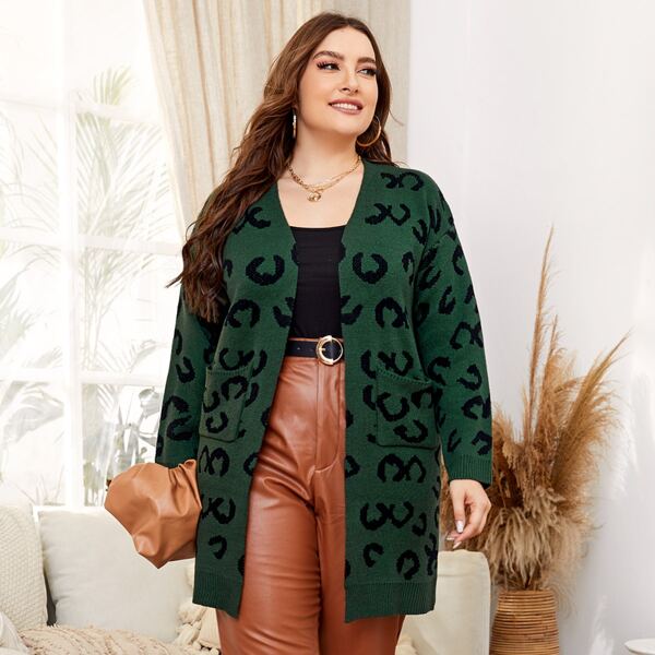 

Plus Dual Pockets Allover Pattern Cardigan, Dark green