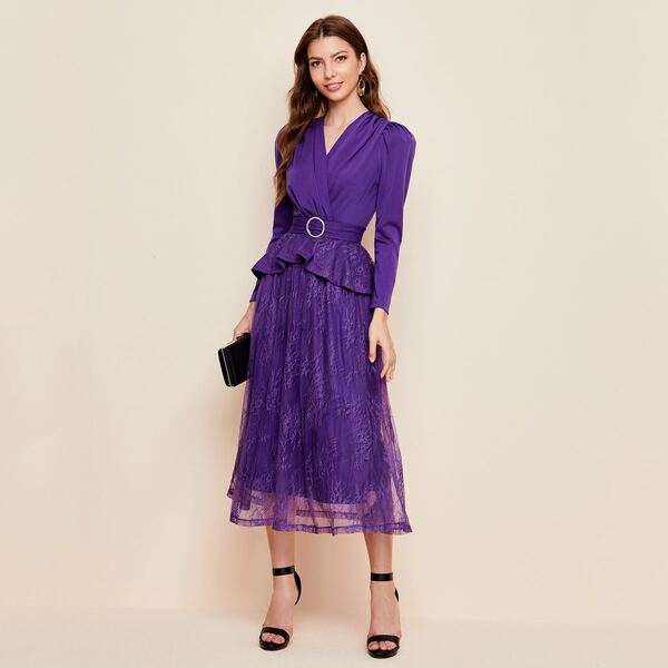 

Puff Sleeve Belted Peplum Top & Lace Overlay Skirt Set, Violet purple