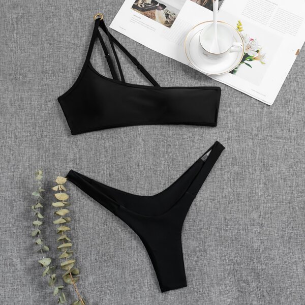 

One Shoulder Ring Detail Bikini Swimsuit, Black