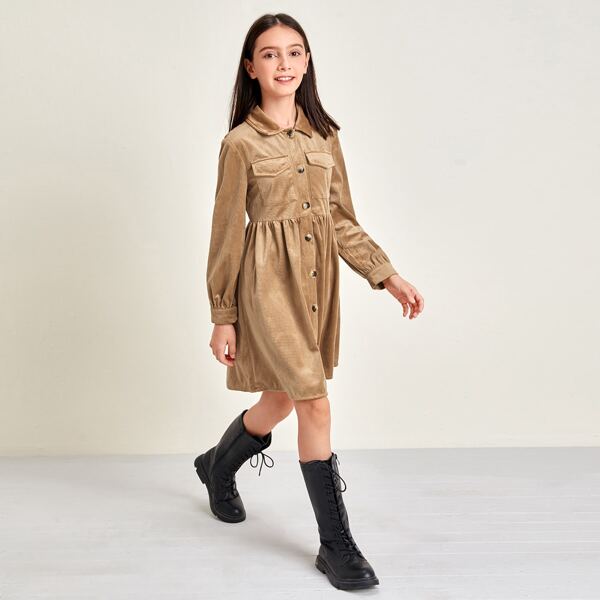

Girls Button Front Corduroy Shirt Dress, Brown