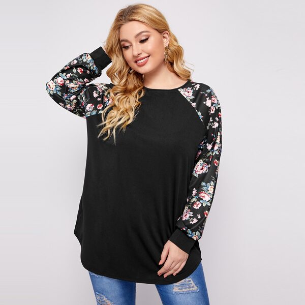 

Plus Floral Print Raglan Sleeve Tee, Black