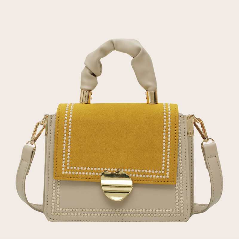 

Color Block Metal Decor Satchel Bag, Yellow