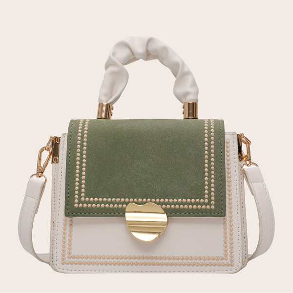 

Color Block Metal Decor Satchel Bag, Green