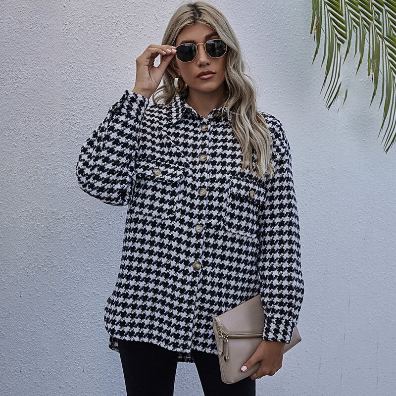 

Houndstooth Flap Pocket Tweed Coat, Black and white
