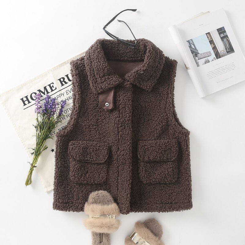 

Flap Pocket Solid Teddy Vest Jacket, Chocolate brown