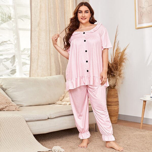 

Plus Gingham Ruffle Trim Button Front PJ Set, Baby pink