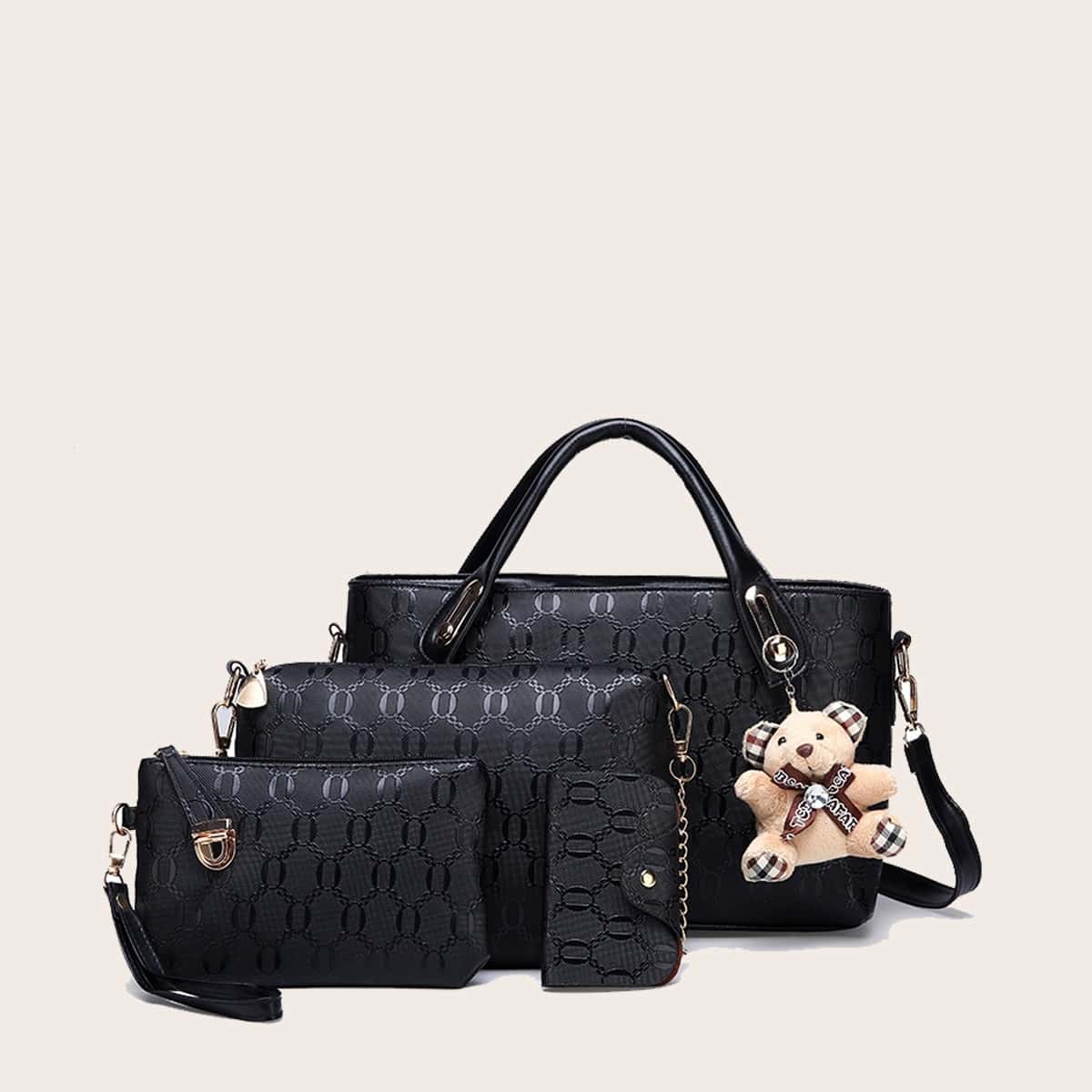 

4pcs Bear Charm Crossbody Bag Set, Black