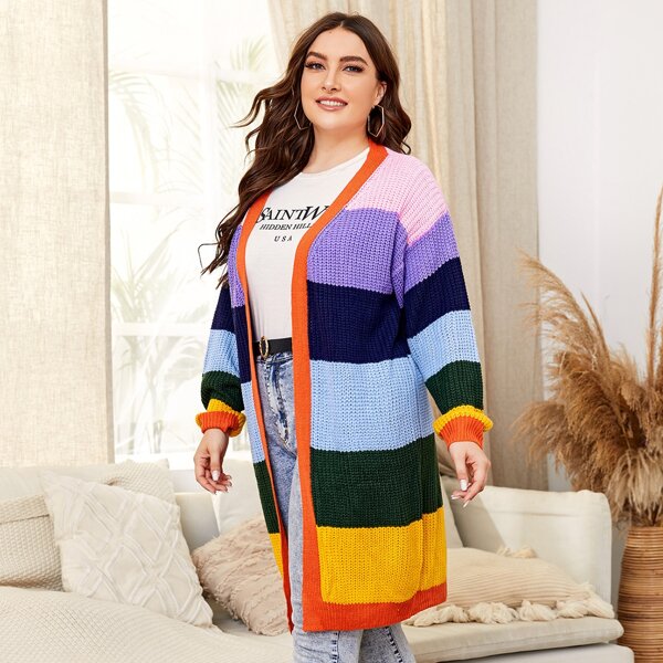 

Plus Colorful Stripe Open Front Cardigan, Multicolor
