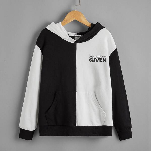 

Boys Slogan Graphic Colorblock Hoodie, Black and white