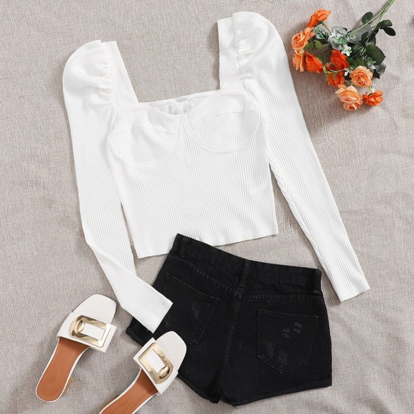 

Gigot Sleeve Rib-knit Bustier Top, White